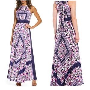 Eliza J Floral Geometric Maxi Dress scarf print flowy Pink and Purple
